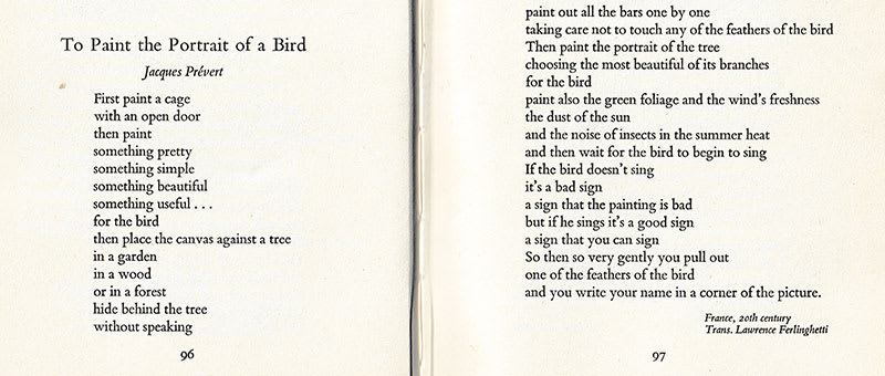Scan of the beginning and end of the poem, "To Paint the Portrait of a Bird" from David Mackay's, "A Flock of Words"